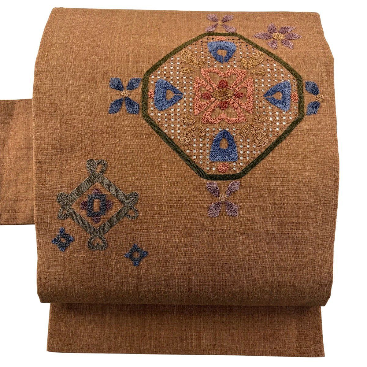 美品】 名古屋帯 秀品 紬地 華文 刺繍 茶色 正絹｜中古・古着