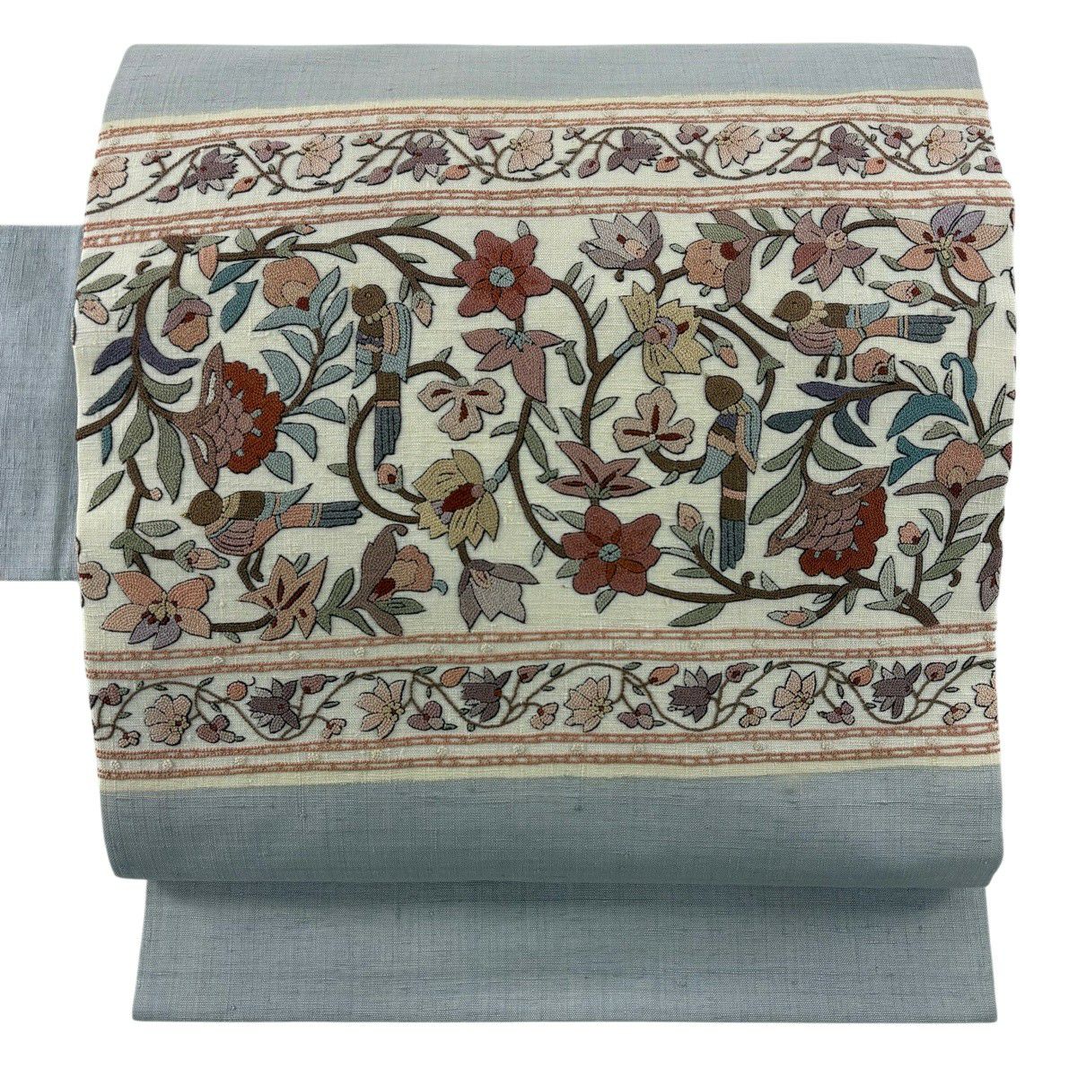 名古屋帯 秀品 紬地 鳥 花唐草 相良刺繍 灰色 正絹｜中古・古着