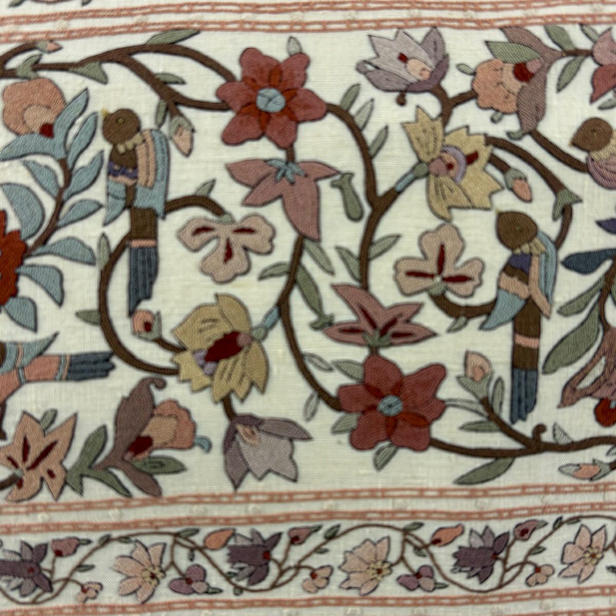 名古屋帯 秀品 紬地 鳥 花唐草 相良刺繍 灰色 正絹｜中古・古着