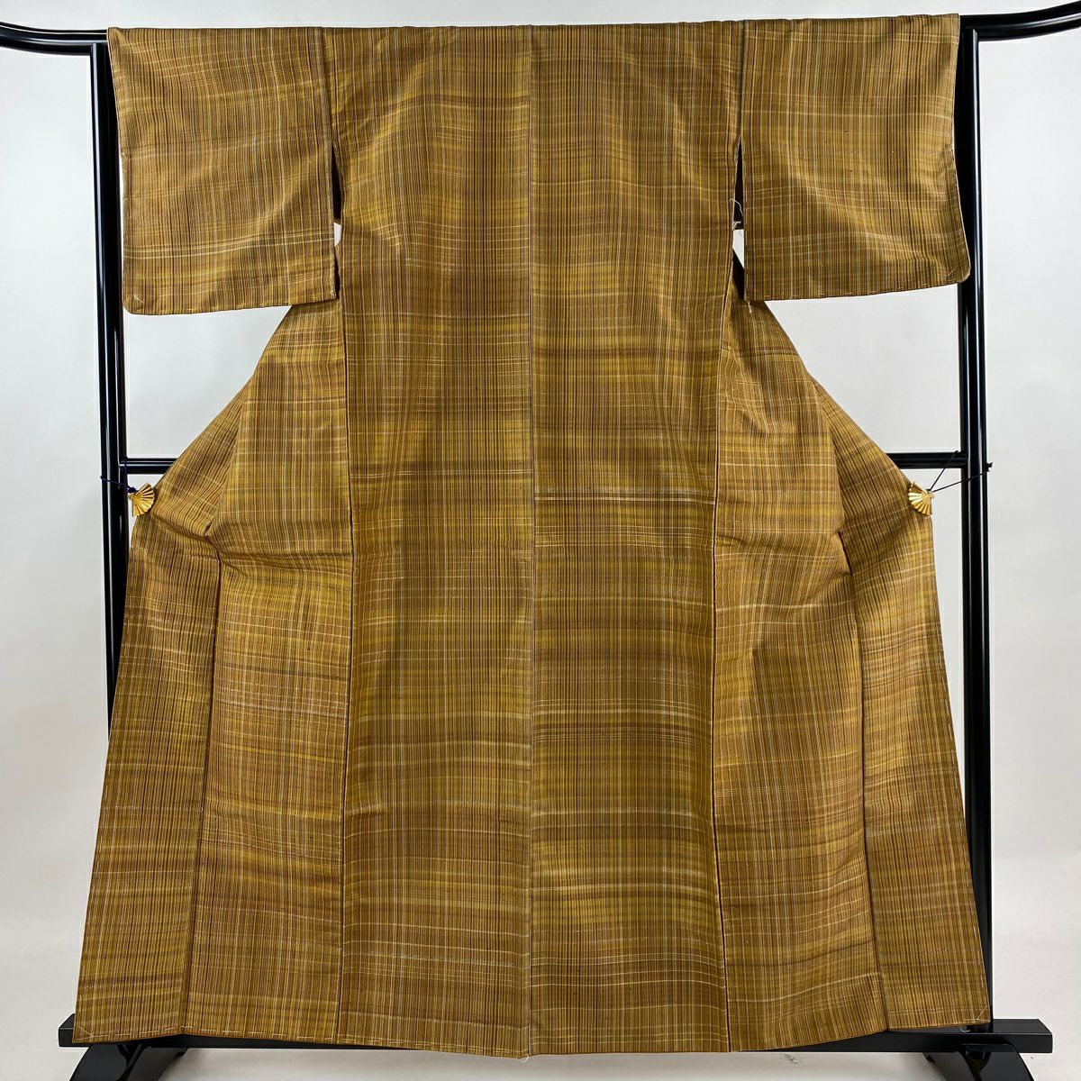 紬 身丈163cm 裄丈68cm L 袷 縦縞 花 山吹色 正絹 美品 名品