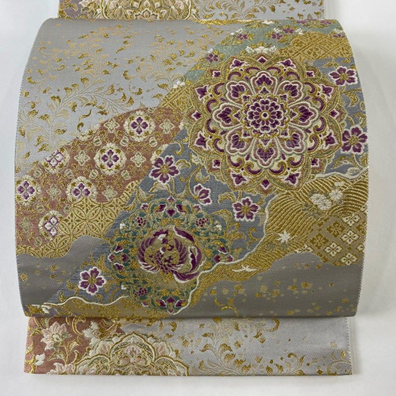 袋帯 美品 逸品 じゅらく 落款あり 華文 花鳥 金糸 箔 灰色 六通 正絹|中古・古着・リサイクル着物通販|バイセル オンライン