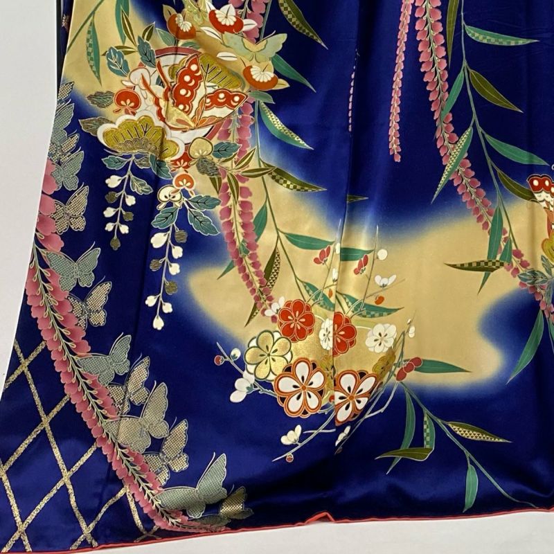 振袖 身丈173cm 裄丈70cm L 袷 蝶 松 金糸 金彩 濃紺 正絹 秀品