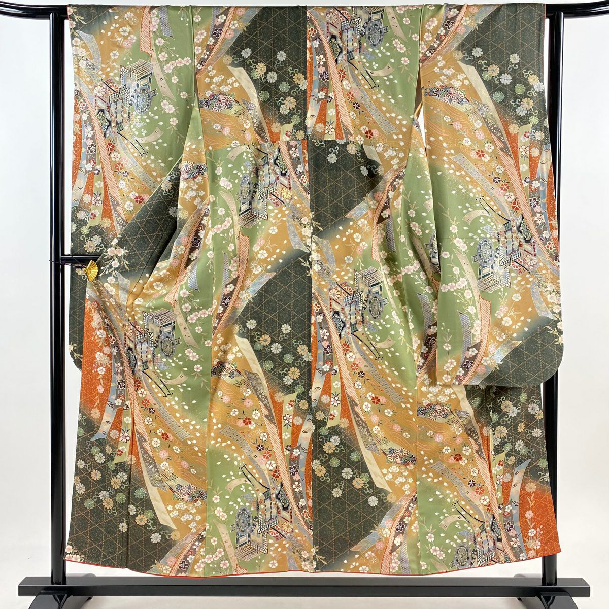 未使用振袖色無地濃淡グラデーション紋意匠着物正絹美品紺色×緑色