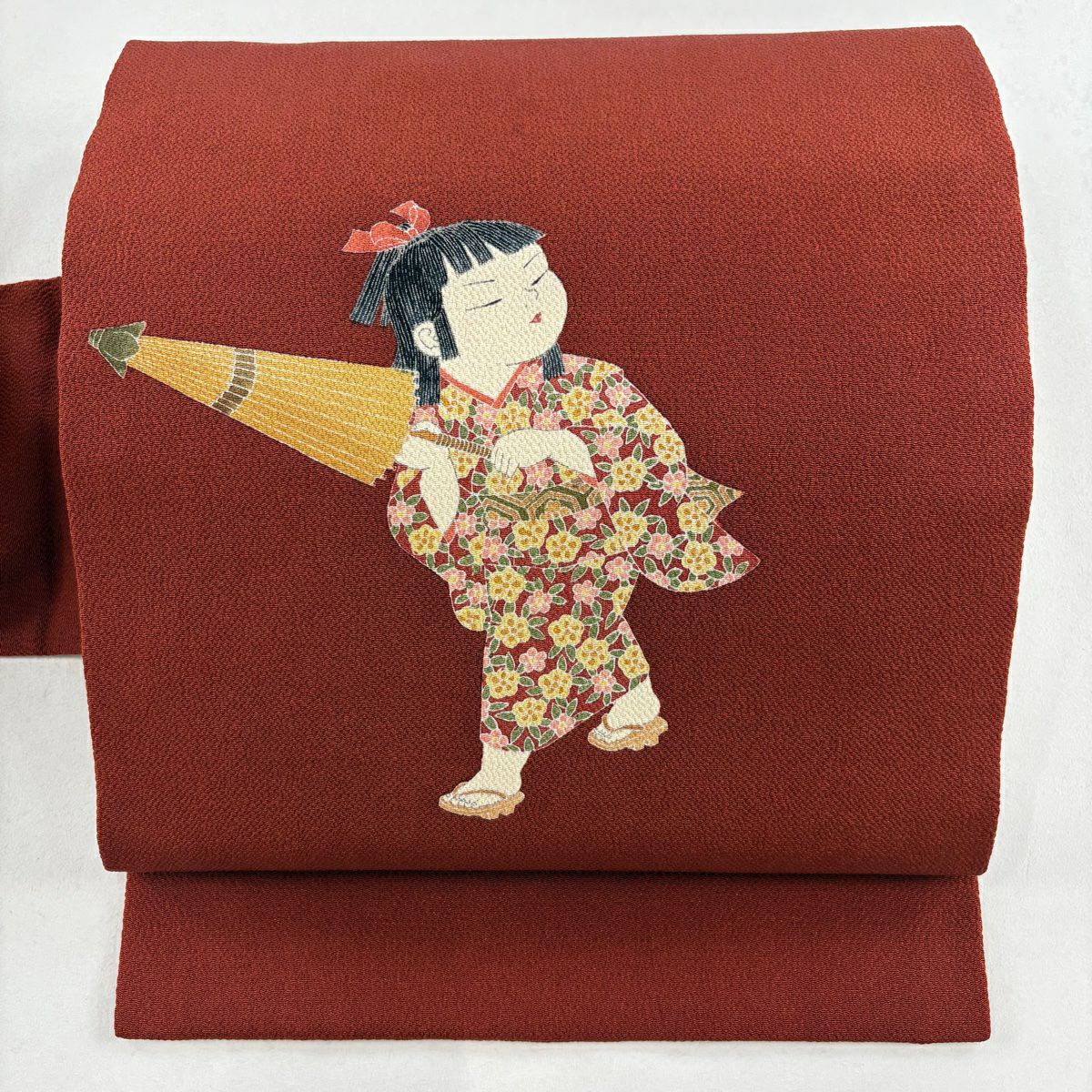 名古屋帯 秀品 落款あり 童 縮緬 赤茶 正絹 ｜中古・古着・リサイクル