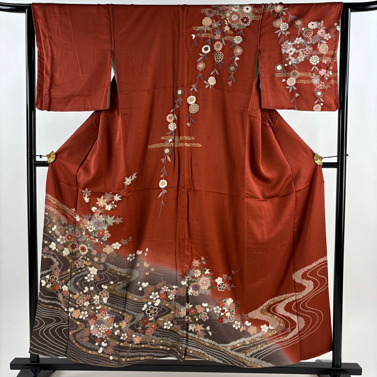 訪問着 身丈162cm 裄丈67cm M 袷 ますいわ屋 笹 流水 金糸 金彩 赤茶