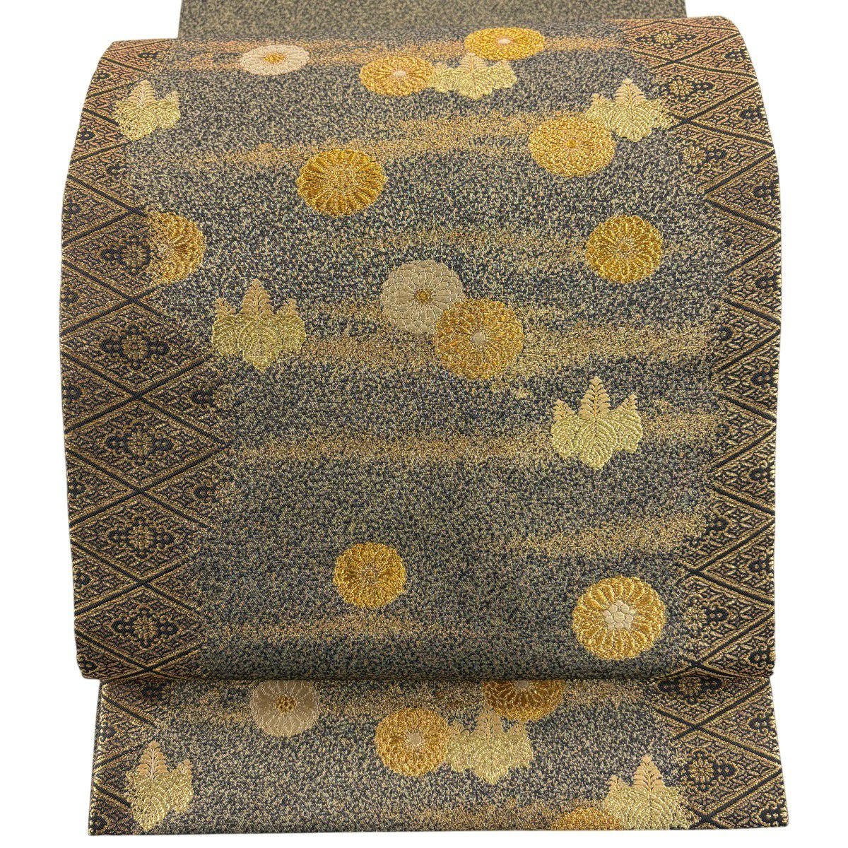 美品】 袋帯 名品 加納幸 落款あり 菊 桐 金糸 箔 墨色 お太鼓柄 正絹