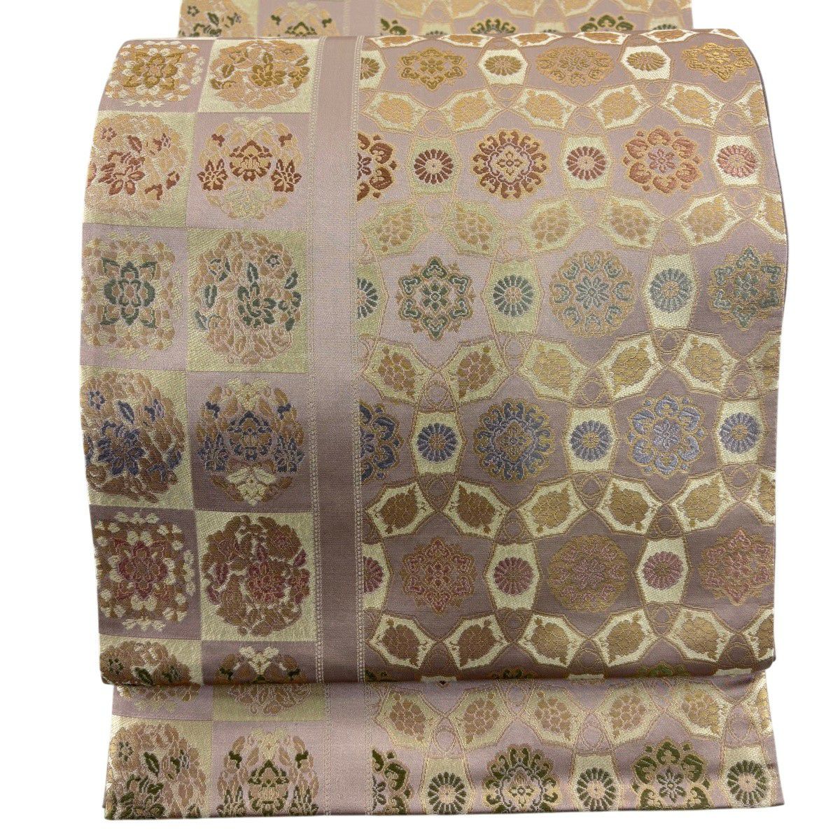 美品】 袋帯 名品 落款あり 欧亜吉祥文 市松 箔 ピンクベージュ 六通
