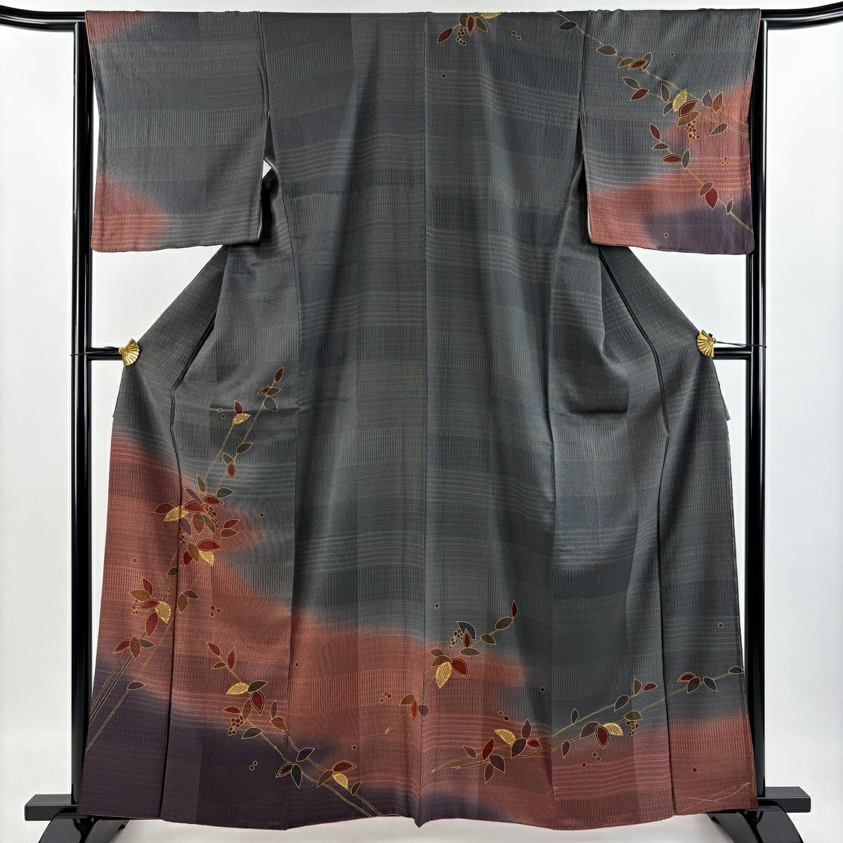訪問着 身丈161cm 裄丈64cm M 袷 草花 染め分け ぼかし 灰色 正絹 秀品