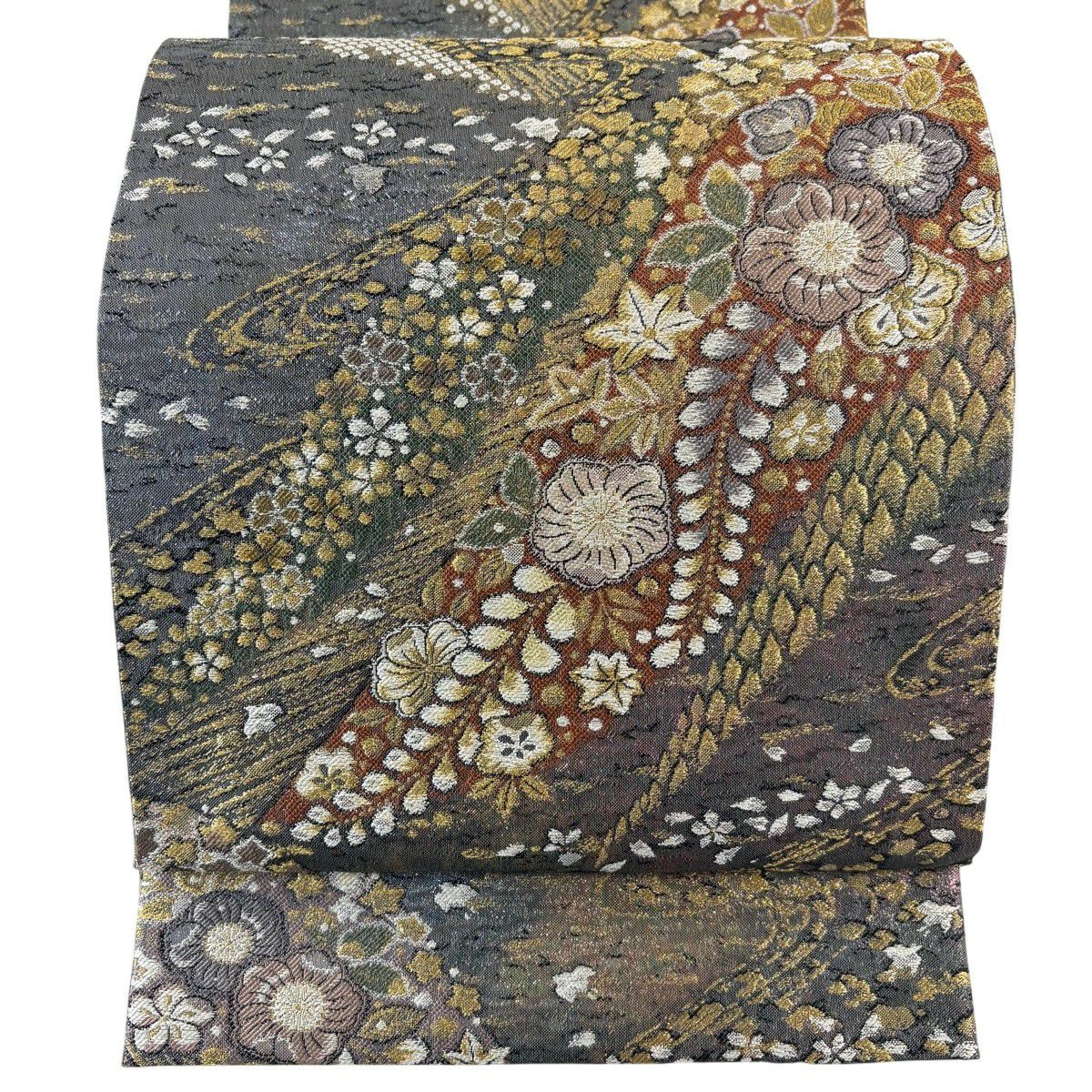 美品】 袋帯 名品 やまと 辻が花柄 千鳥 本金箔 金銀糸 灰色 六通 正絹