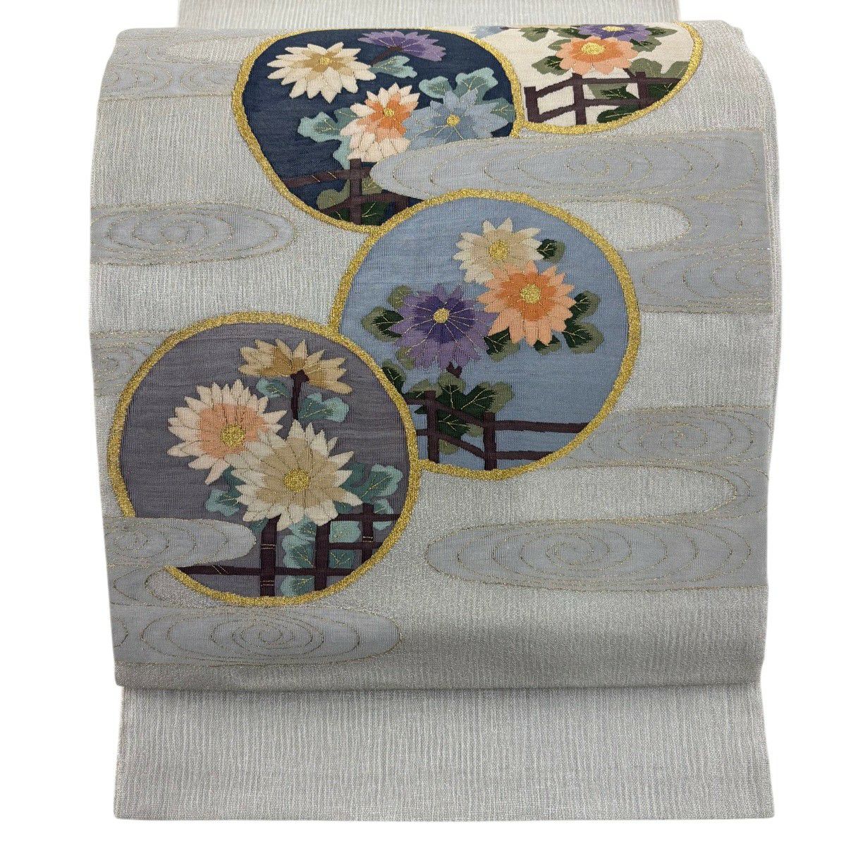 美品】 袋帯 名品 夏帯 草花 霞 金銀糸 灰色 お太鼓柄 正絹｜中古