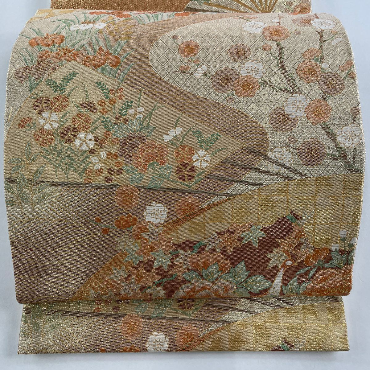 在庫一掃】 袋帯 美品 秀品 市松 向かい鳥 金糸 箔 薄茶色 六通