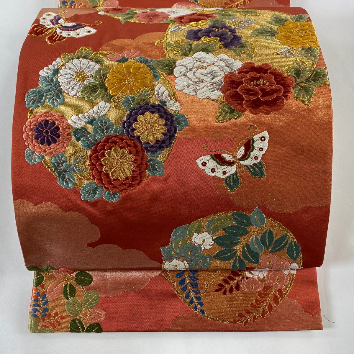 M257 夏帯　花模様　蝶々　唐織　絽　六通　正絹　袋帯 kimono-towa_i964