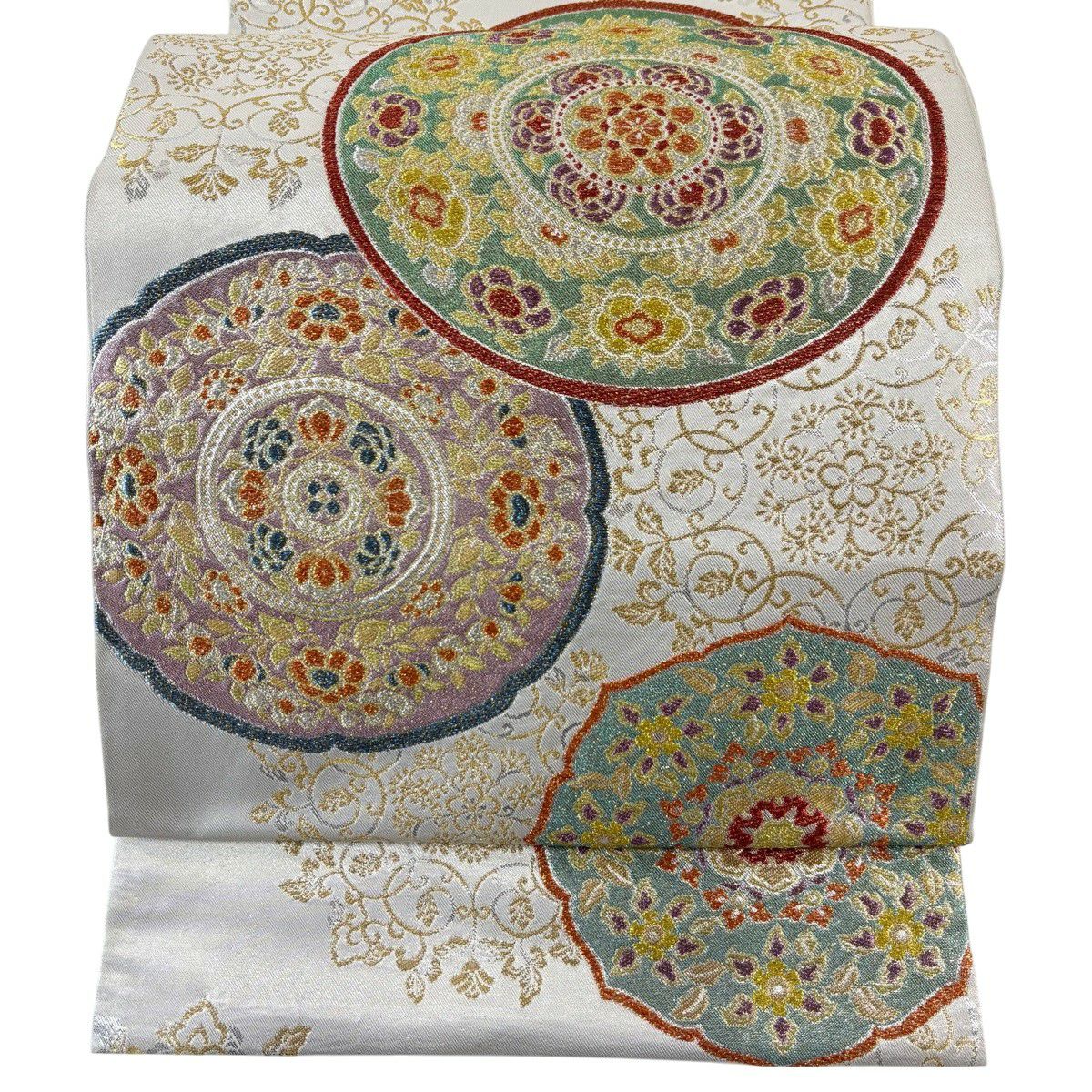 袋帯 名品 川島織物 落款あり 華文 花唐草 箔 金銀糸 灰白 六通 正絹