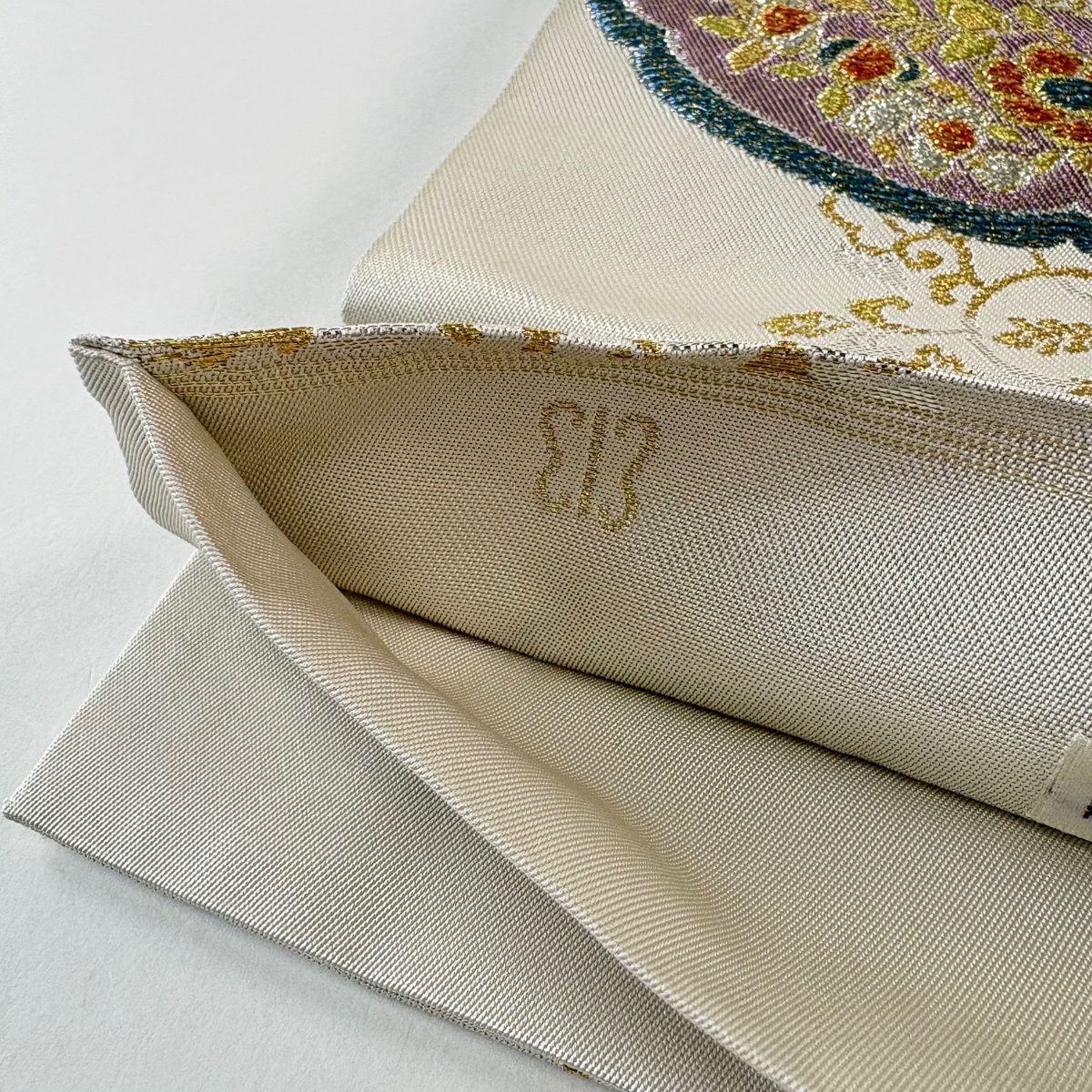 袋帯 名品 川島織物 落款あり 華文 花唐草 箔 金銀糸 灰白 六通 正絹