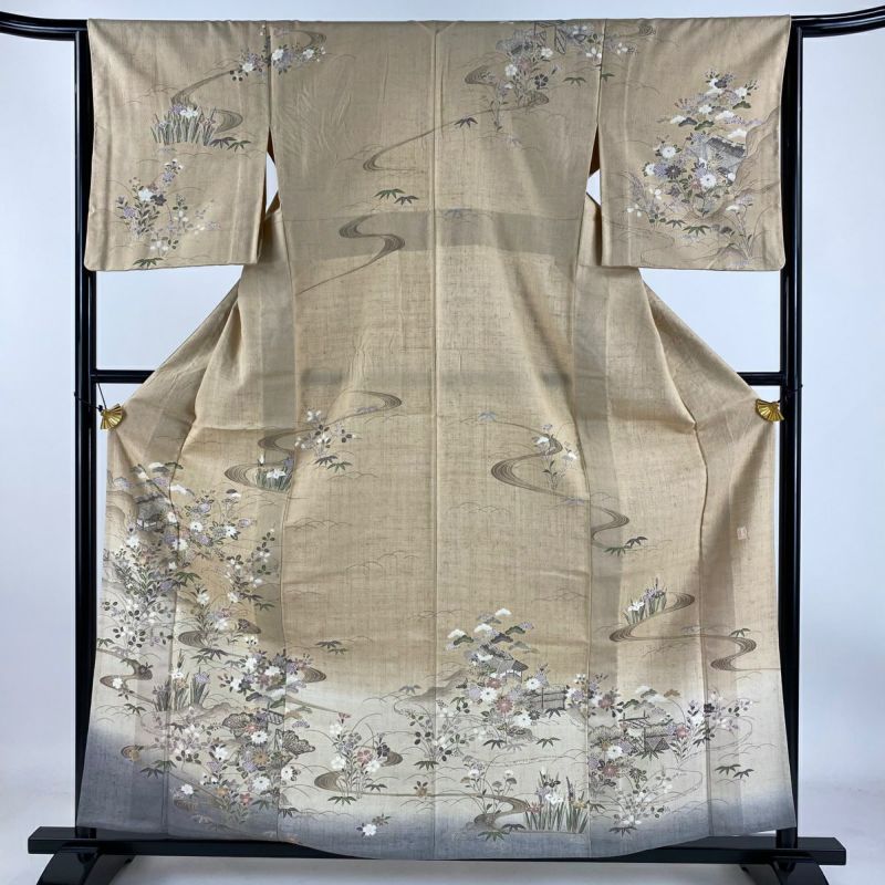 紬単衣（花菱、枝花文）裄65 薄手で軽　正絹美品 訪問着 身丈160cm 裄丈64cm M 単衣 紬地 やまと 落款あり 家屋