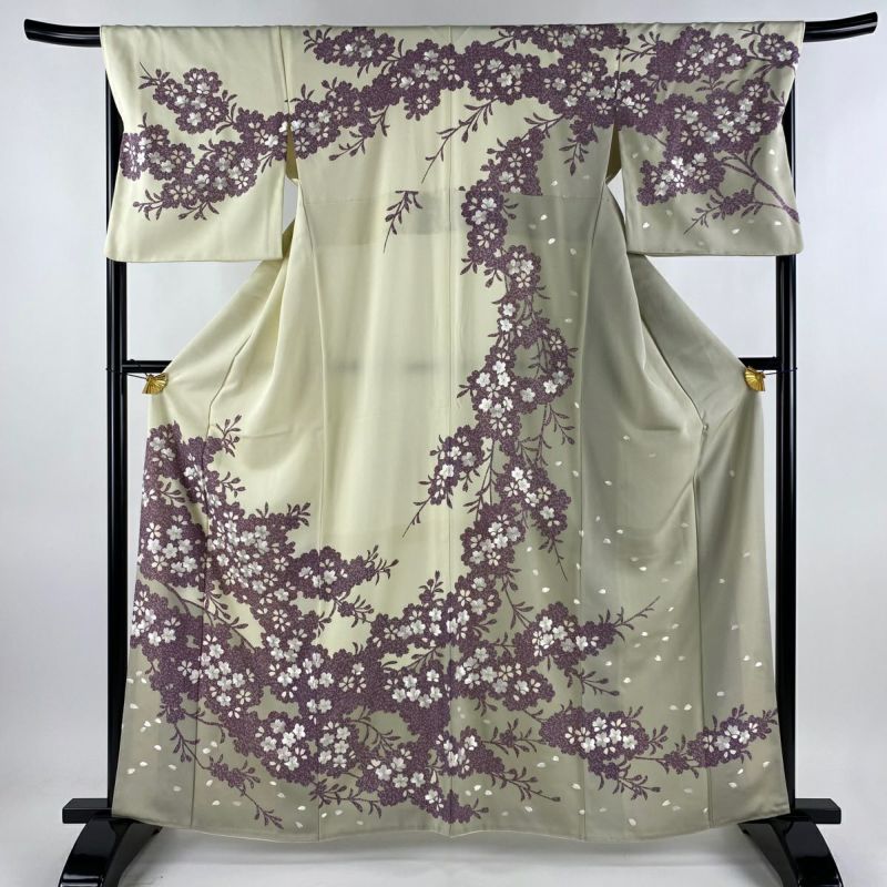 訪問着 身丈162cm 裄丈68cm L 袷 桜 シルエット 金糸 刺繍 クリーム 正絹 美品 逸品|中古・古着・リサイクル着物通販|バイセル  オンライン