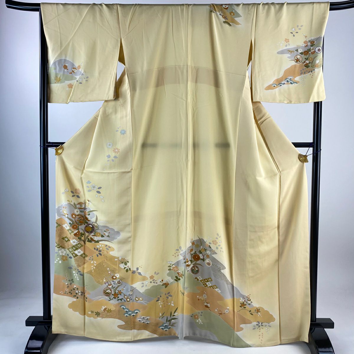 訪問着 身丈166cm 裄丈68.5cm L 袷 雲文 菊 金彩 金糸 薄黄 正絹 美品 ...