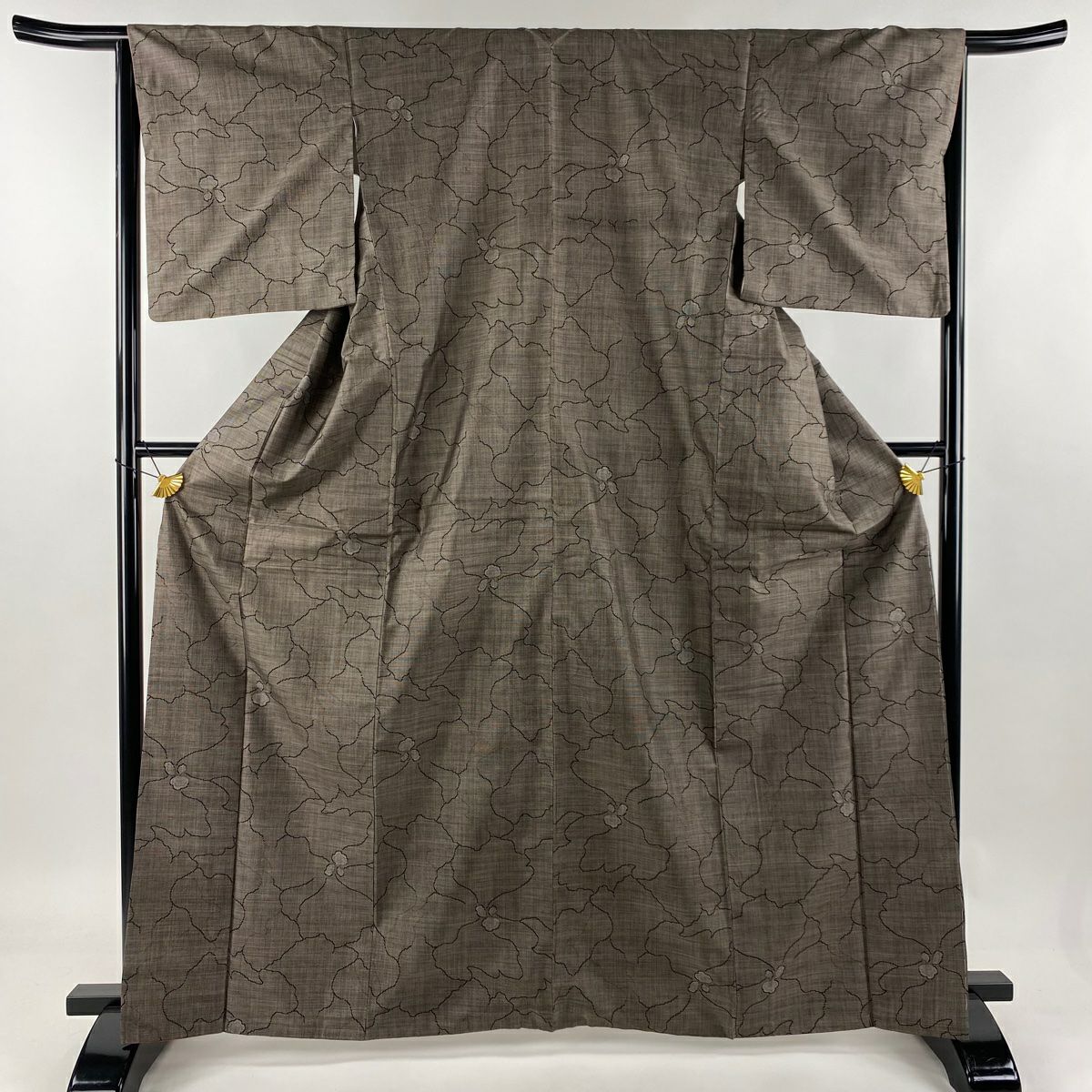 紬 身丈163cm 裄丈68cm L 袷 縦縞 花 山吹色 正絹 美品 名品