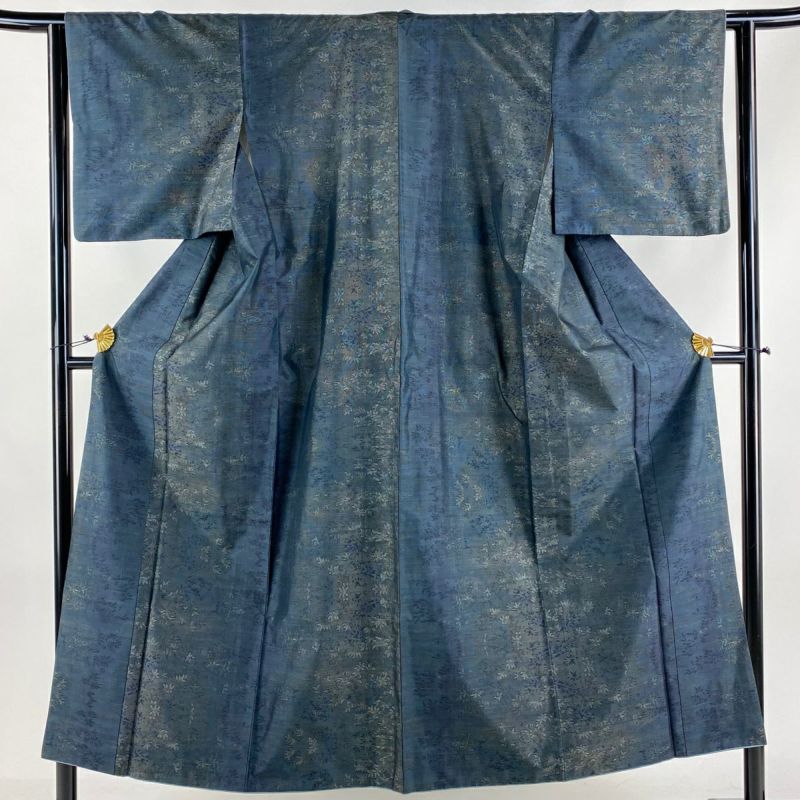 紬 身丈150.5cm 裄丈62.5cm S 袷 バチ衿 草花 濃紺 正絹 美品 秀