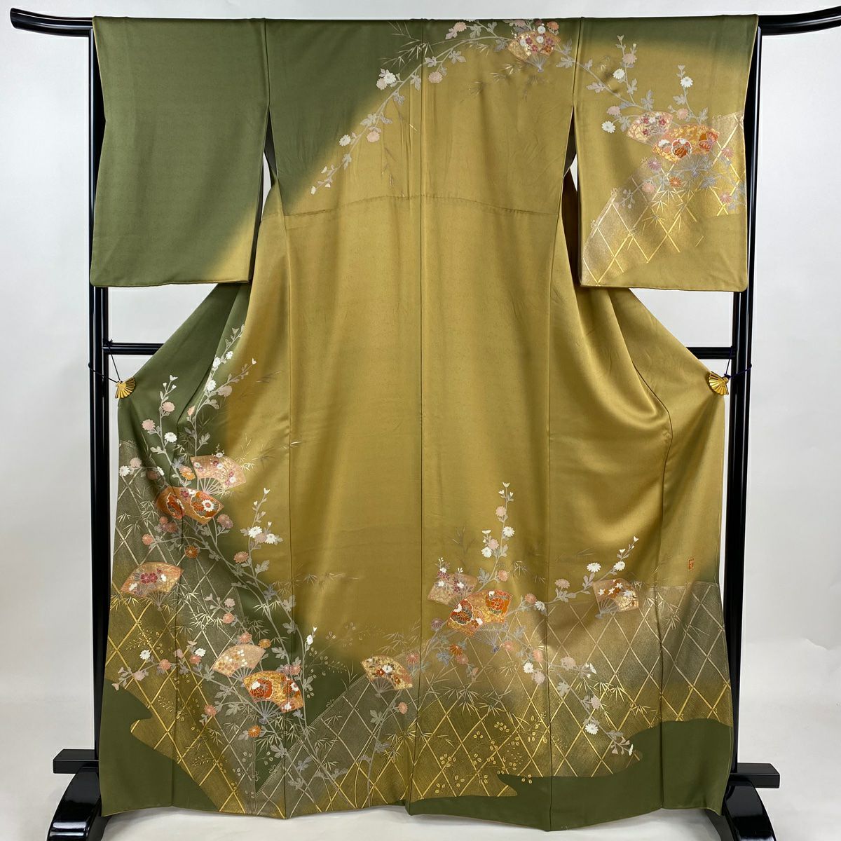 極美品　訪問着　着物　身丈153cm 裄丈64cm 黄色 訪問着 身丈159cm 裄丈64cm M 袷 鶴 松 金彩 染め分け 鶯色 正絹