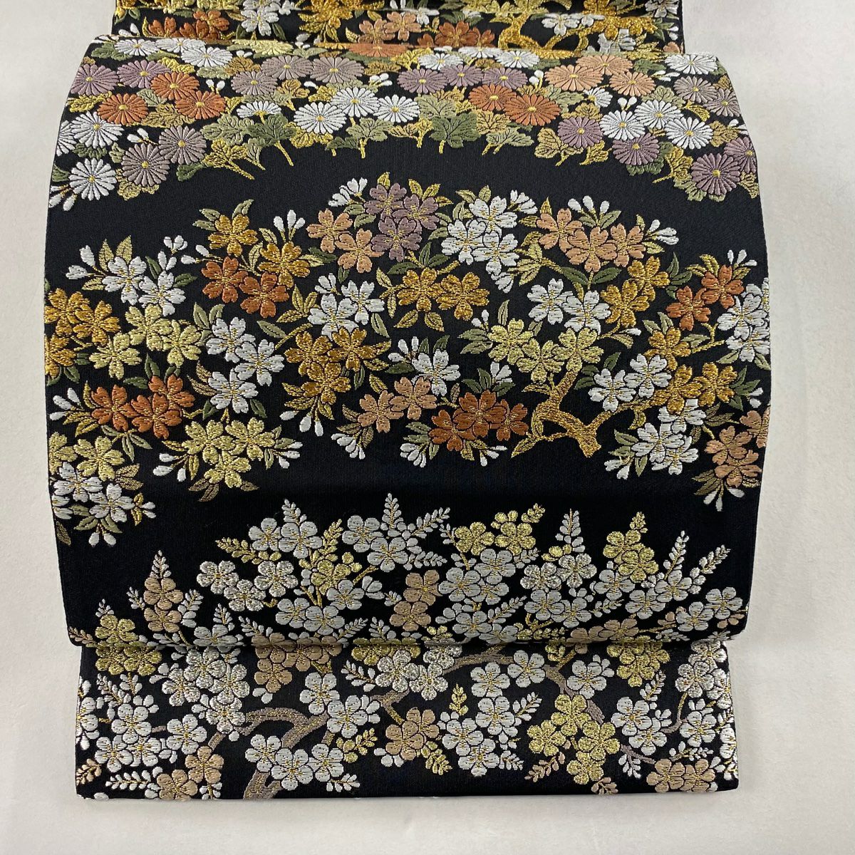 袋帯フルセット(7点)・極美品・ガード加工済・古典柄・深緑色・正絹・トールサイズ 袋帯 秀品 鎌倉紋 蝶 金銀糸 唐織 銀色 六通 正絹 【中古】 袋帯 美