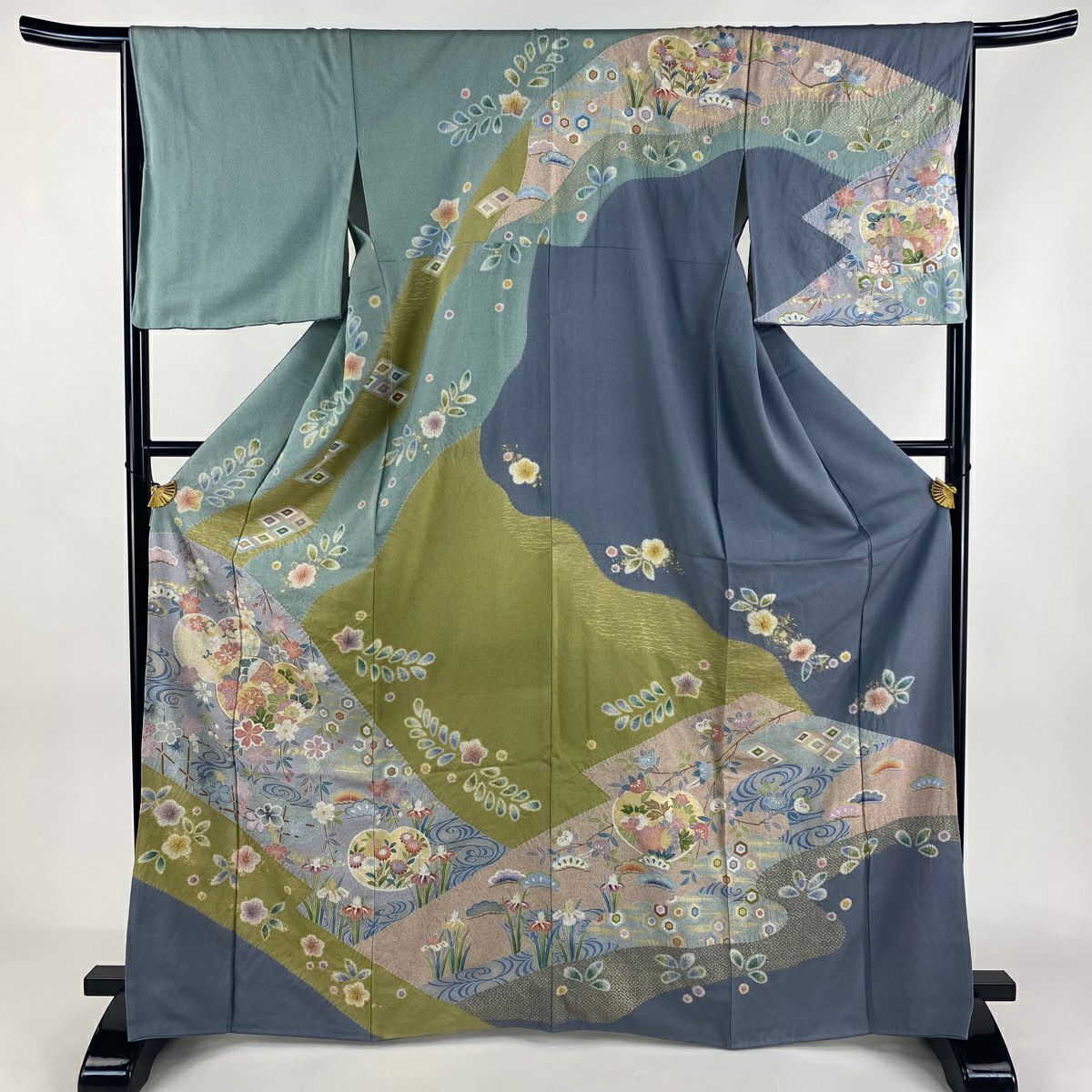 訪問着 身丈161.5cm 裄丈66cm M 袷 鈴乃屋 落款あり 草花 菱 灰