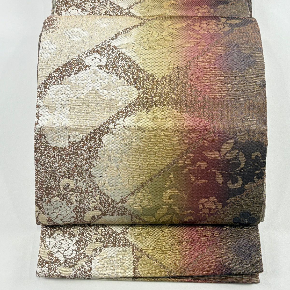 在庫一掃】 袋帯 美品 秀品 草木本泥染 幾何学 箔 金糸 灰紫 六通 正絹 在庫一掃】 袋帯 美品 秀品 草木本泥染 幾何学 箔 金糸 灰紫 六通 正絹