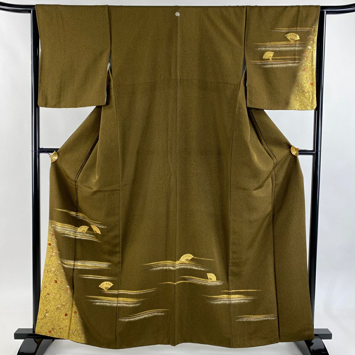付下げ 身丈164.5cm 裄丈67.5cm L 袷 扇面 雲文 金糸 金彩 灰茶 正絹