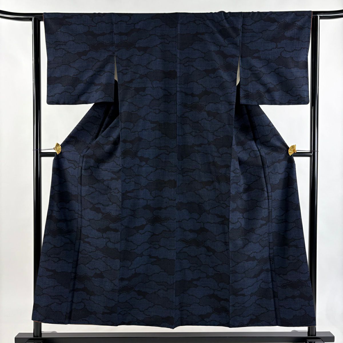 美品】 結城紬 身丈162.5cm 裄丈65cm M 袷 証紙あり 松竹梅 市松 濃紺