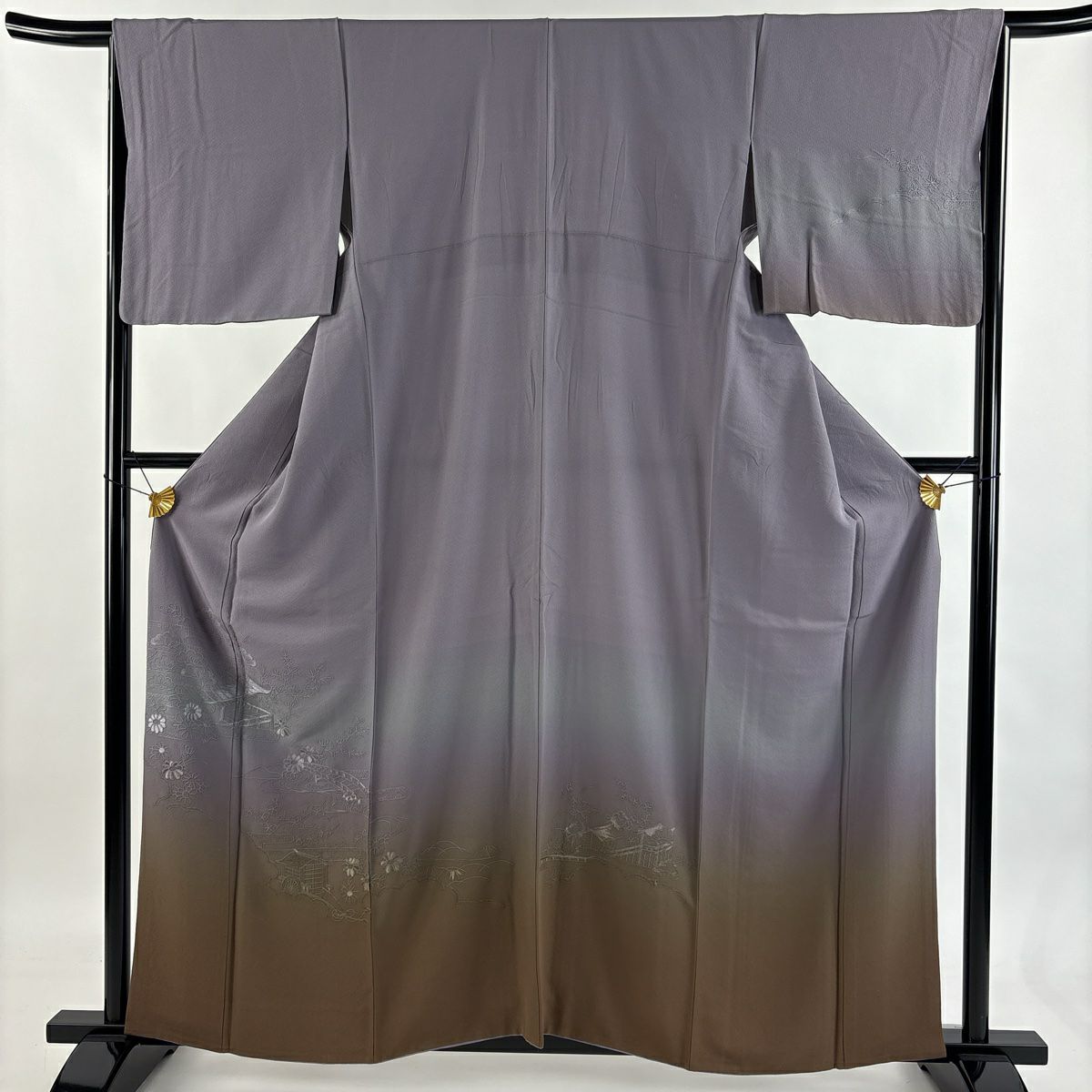 付下げ 身丈161cm 裄丈65.5cm M 袷 紬地 やまと 能 松 金彩 灰紫 正絹