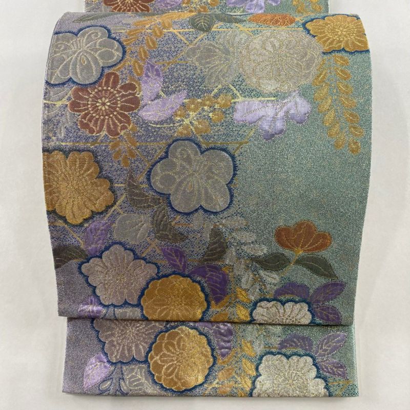 袋帯 美品 ゴールド 草花金 美味し 藤色 薄紫 薄ピンク 淡色 リサイクル 【中古】