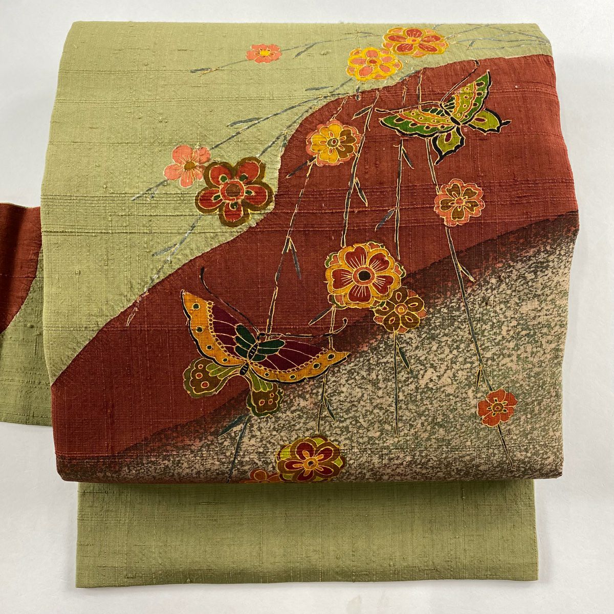 手織り真綿紬笹模様刺繍名古屋帯【中古】【着】【名古屋帯】 八寸