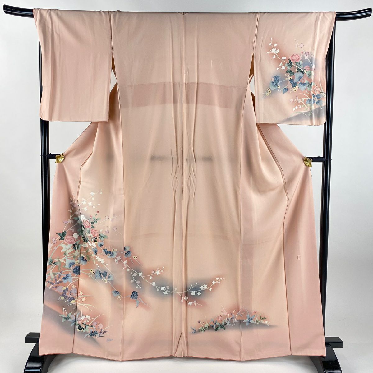 訪問着 袋帯2点セット身丈161cm 裄丈68.5cm L 袷 花 流水 正絹 美品】 訪問着 身丈168cm 裄丈71.5cm L 袷 袋帯セット 落款あり 草花