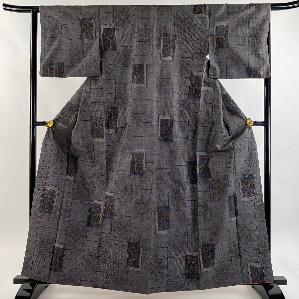 極美品　正絹　小紋　エビ柄　黒　着丈165 江戸小紋 身丈161cm 裄丈66.5cm M 袷 落款あり 鮫 墨色 正絹 秀品 一つ