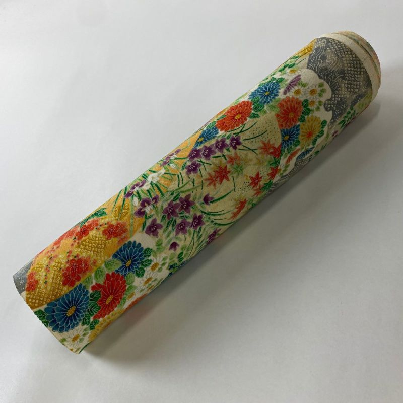反物 秀品 小紋 扇面 草花 縮緬 クリーム 正絹｜中古・古着