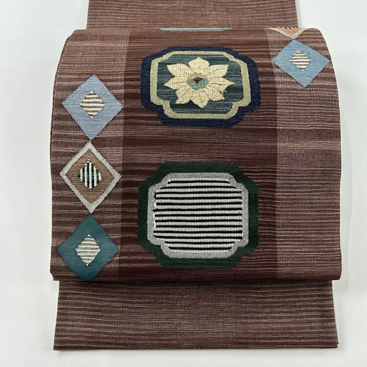 美品　袋帯　お太鼓柄　作家　正絹　濃い紫系 袋帯 美品 名品 帝王紫 草花 幾何学 金糸 箔 灰白 お太鼓柄 正絹