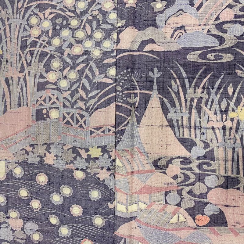 付下げ 身丈154.5cm 裄丈63.5cm S 袷 紬地 草花 建物 青灰色