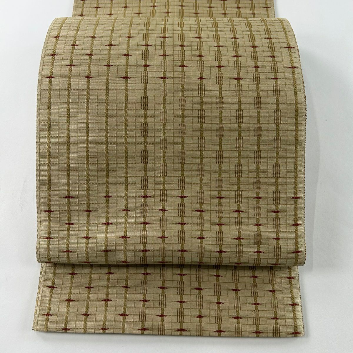 袋帯 美品 名品 紬地 幾何学模様 縞模様 墨色 全通 正絹｜中古