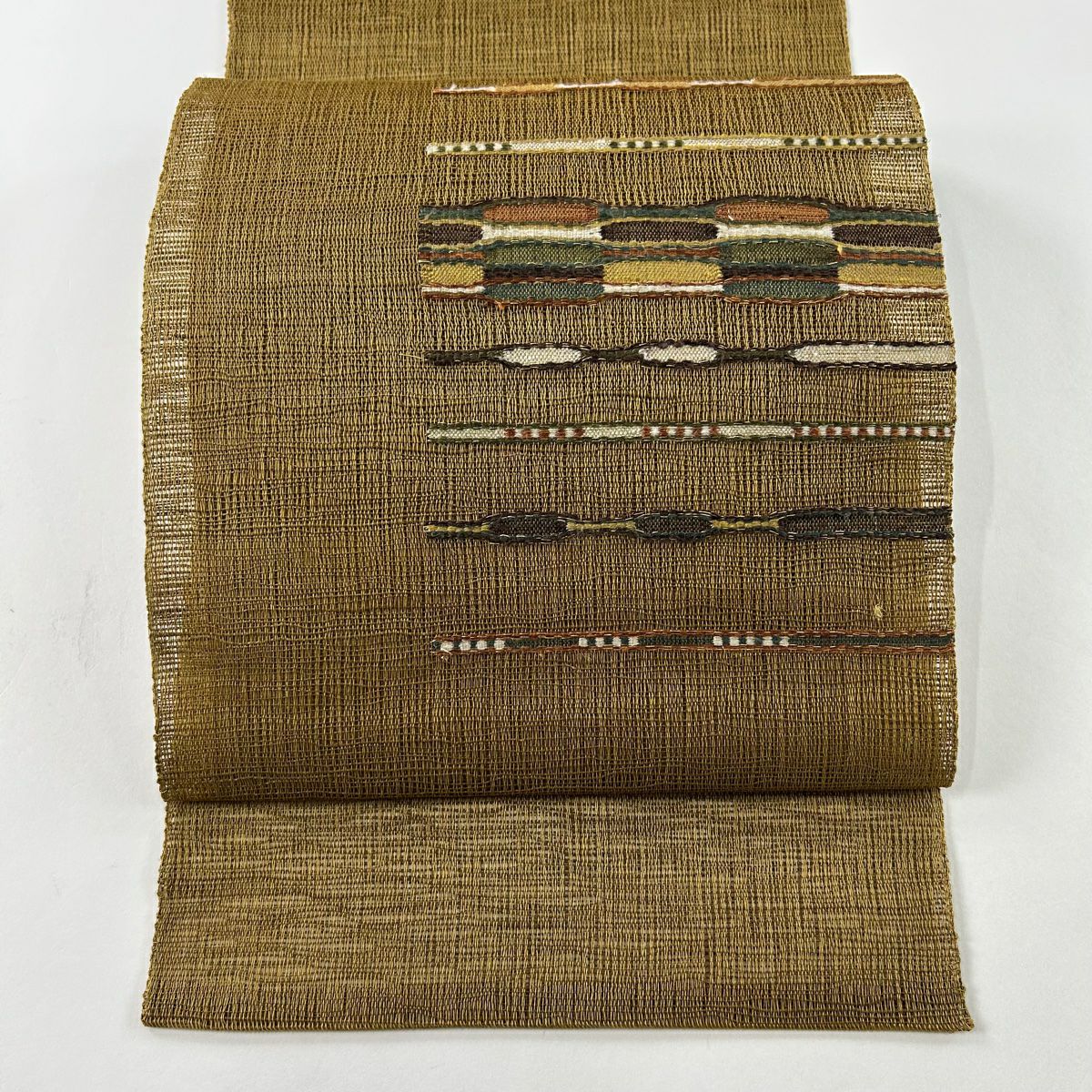 名古屋帯 美品 秀品 夏帯 絽 八寸名古屋帯 縞 薄緑 正絹｜中古