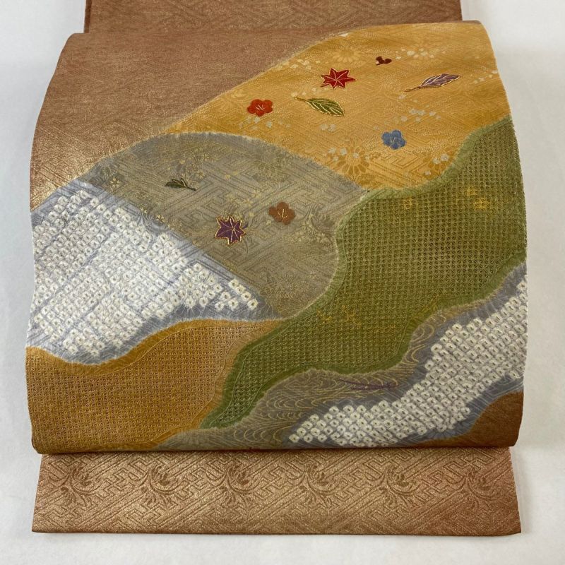 袋帯 秀品 吹寄せ 箔散らし 刺繍 金糸 赤茶 お太鼓柄 正絹｜中古