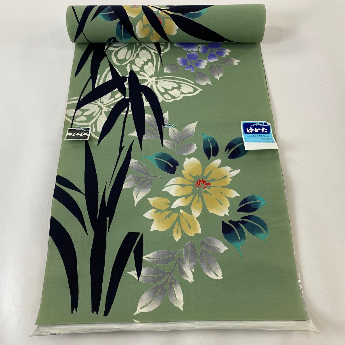 反物 優品 浴衣 山口小夜子 草花 蝶 灰緑 綿｜中古・古着
