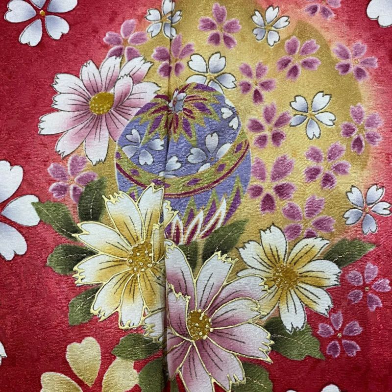 美品】 振袖 身丈158cm 裄丈68cm L 袷 鈴乃屋 鞠 草花 金彩 ぼかし 赤