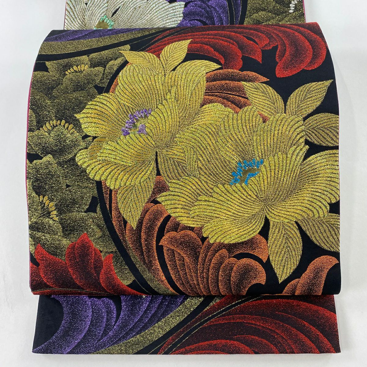 春のコレクション 美品 袋帯 秀品 【中古 正絹 六通 オレンジ 箔 草花 蝶 着物・浴衣
