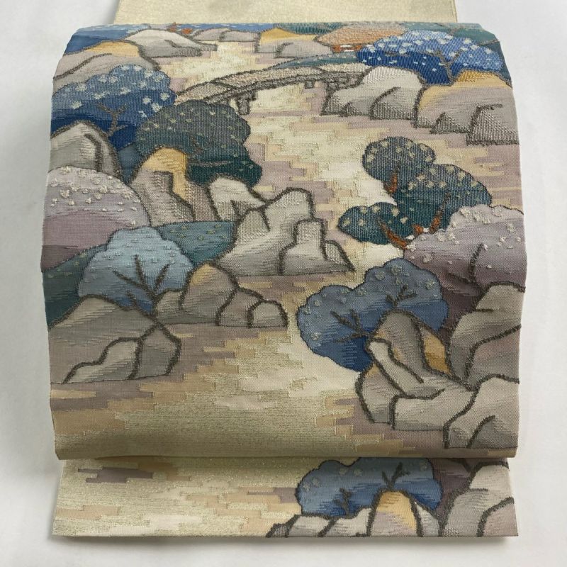 袋帯 美品 名品 風景 金糸 クリーム お太鼓柄 正絹｜中古・古着