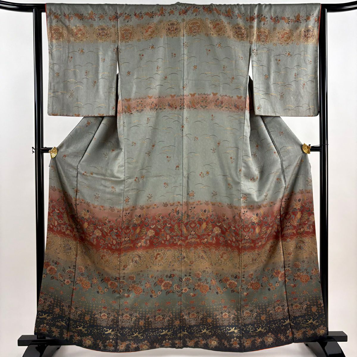 訪問着 身丈162.5cm 裄丈68cm L 袷 鈴乃屋 落款あり 独楽 組紐 銀糸 灰