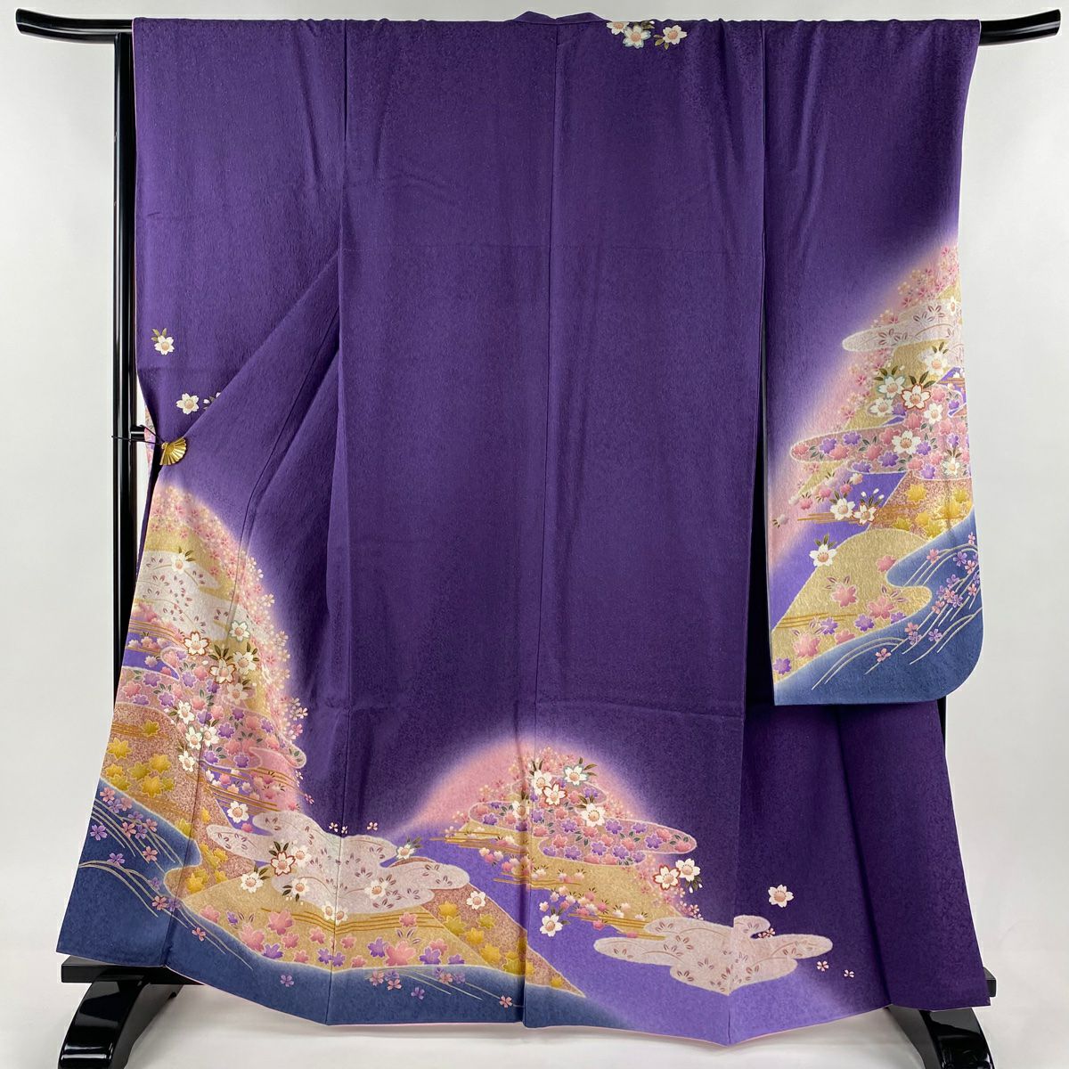 振袖 身丈162cm 裄丈68cm L 袷 桜 霞 金通し 箔 紫 正絹 美品