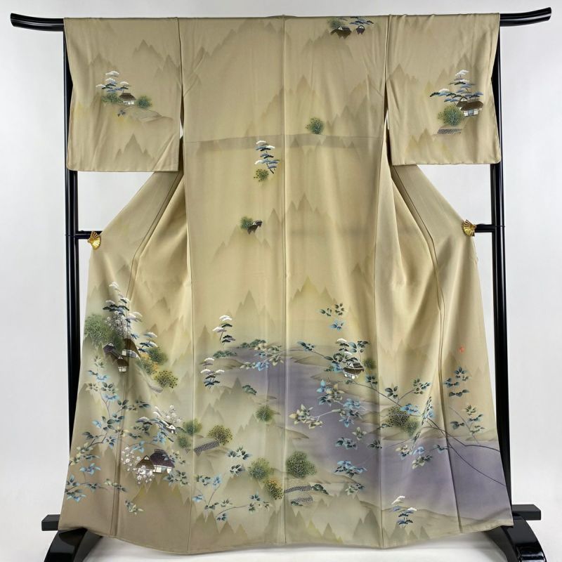 訪問着 身丈164.5cm 裄丈66cm M 袷 落款あり 家屋 松 灰緑 正絹 美品 名品|中古・古着・リサイクル着物通販|バイセル オンライン