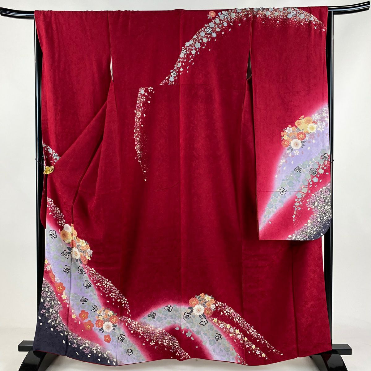 振袖 身丈162cm 裄丈66.5cm M 袷 熨斗 花鳥 金銀彩 ぼかし 黒