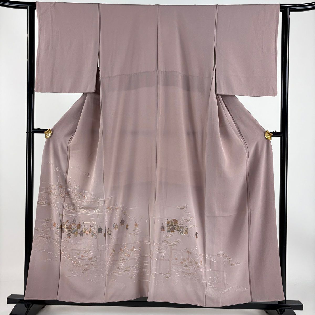 訪問着 身丈162cm 裄丈65cm M 袷 牡丹 菊 金彩 刺繍 薄オレンジ 正絹