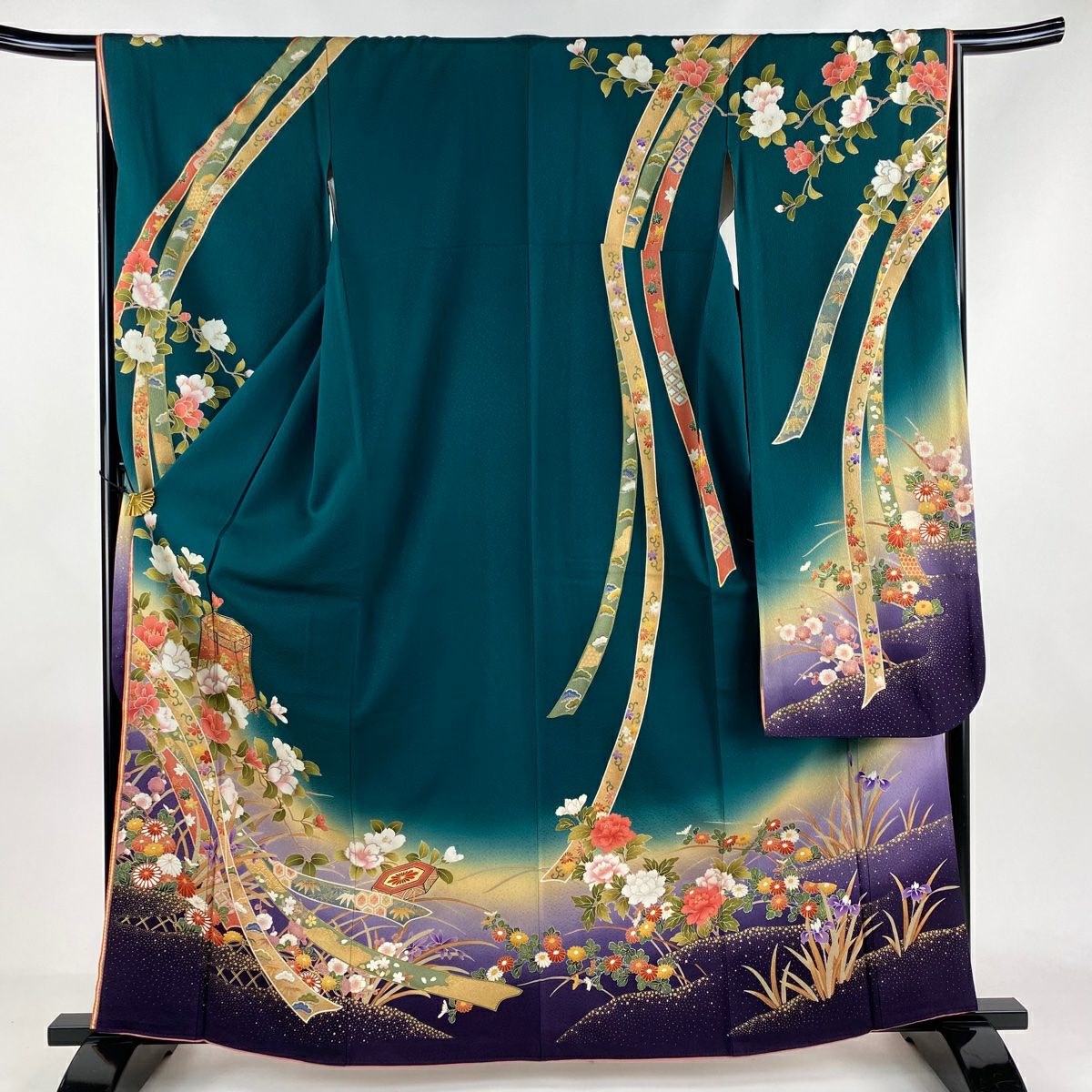 高級 振袖 青色 花柄 身丈172.5cm 裄丈67cm M 牡丹松竹梅金彩 公式 ストアファッション - 高級 振袖 青色 花柄 身丈172.5cm 裄